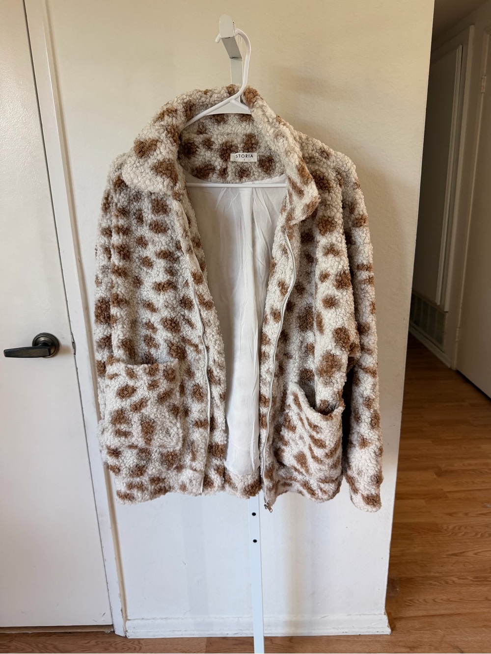 Storia Cream and Brown Leopard Print Teddy Zip Jacket